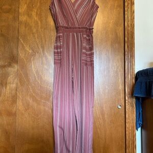 Monteau Rose-Mauve Striped V-Neck Wide-Leg Jumpsuit Small